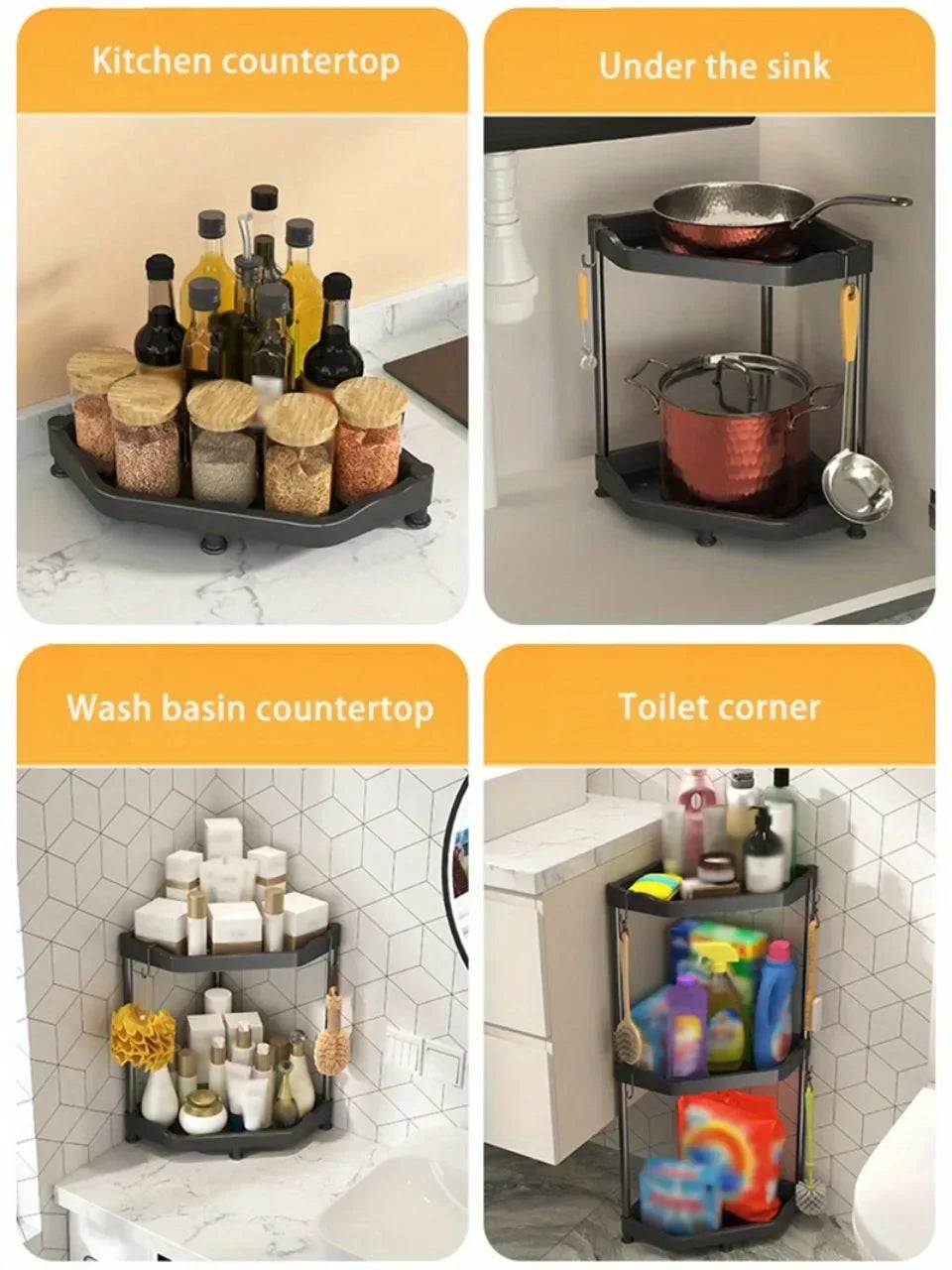 Kitchen Seasoning Shelf – 3 Tier Spice Rack & Chopstick Organiser for Corner Countertops